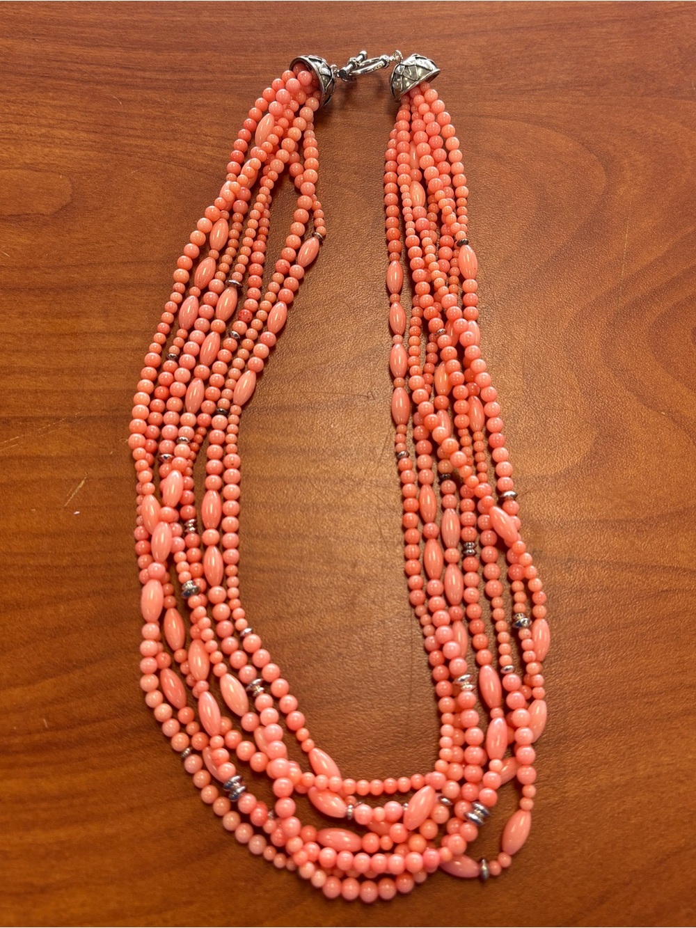 925 Sterling Silver Signed BJ Multi-Strand Salmon Coral Pink Bead Necklace